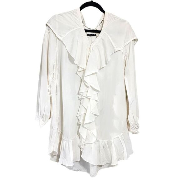 Samuel Dong white ruffled button front  hooded tunic blouse Victorian Renaissa M - Picture 1 of 6